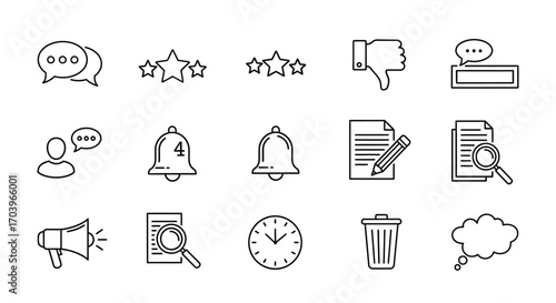 Hand drawn doodle icons set representing social media feedback and communication elements vector