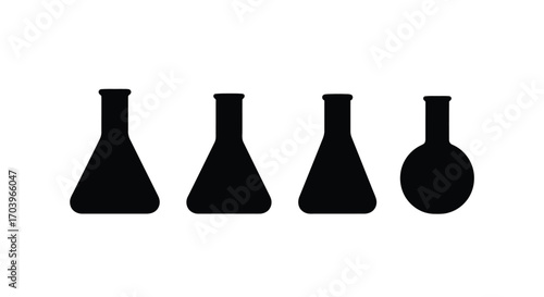 Four silhouette laboratory flasks different shapes scientific equipment icon set vector