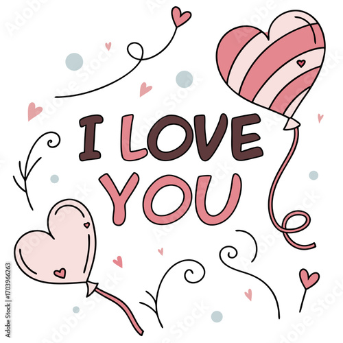 Vector art of a charming doodle illustration featuring the phrase i love you surrounded by whimsical heartshaped balloons, delicate swirls, and playful dots