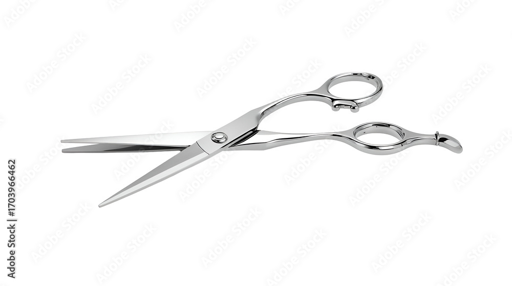 Obraz premium Metallic scissors with shiny blade isolated on pure white background in modern minimal design 
