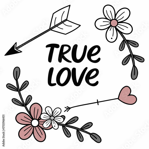 Vector art of true love lettering with arrow and flower a charming design for valentines day, weddings, or any occasion to express your affection