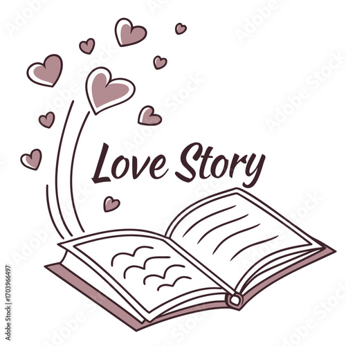 Vector art of a heartwarming love story illustration with an open book and floating hearts, perfect for book covers, romantic projects, or valentines day