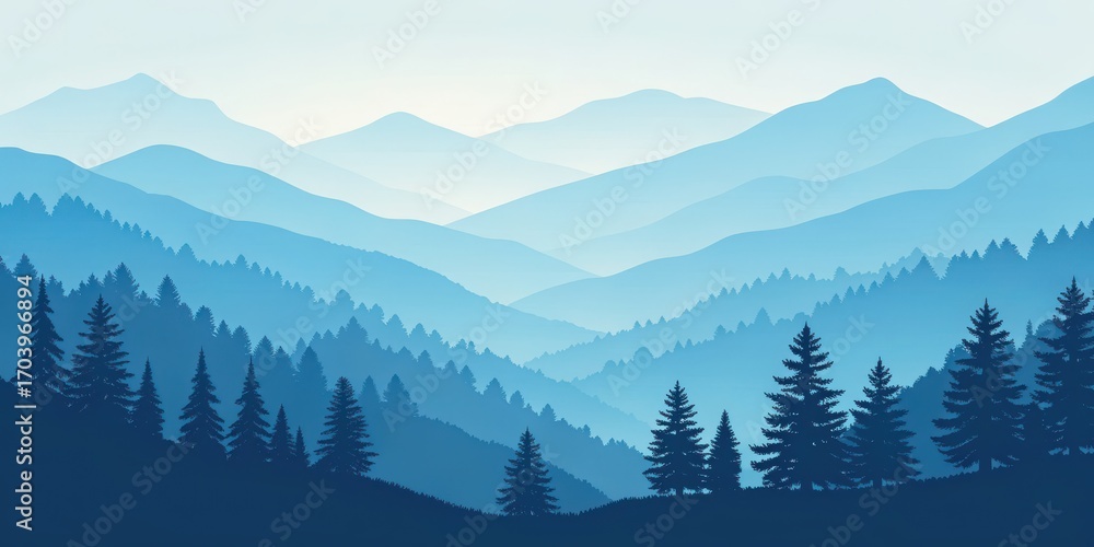 Fototapeta premium Illustration of a layered mountain range with pine trees in shades of blue color