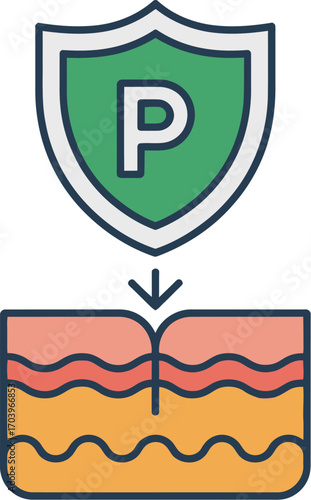 Shield with letter p protecting skin layers from damage and harm