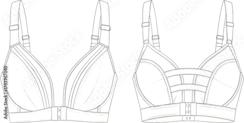 Women's bra fashion technical flat, lingerie design CAD drawing, front and back view, vector illustration, detailed outline template