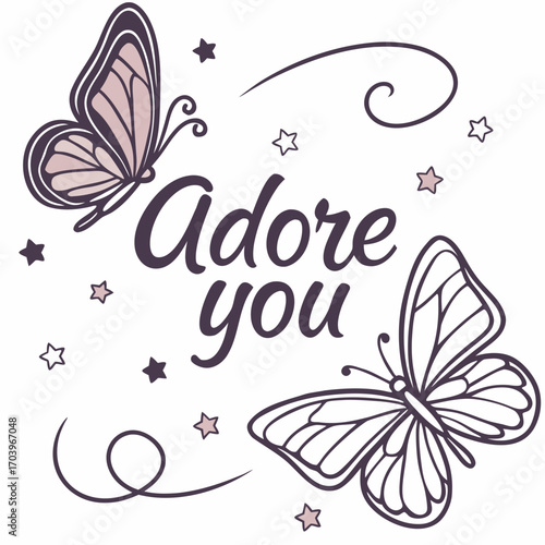 Vector art of adore you lettering with butterflies and stars cute vector illustration for valentines day, wedding, love, romantic events and design