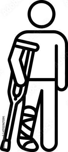 Person with broken leg and crutches icon for medical injury and recovery concept