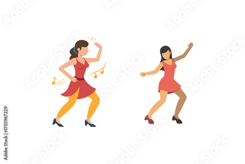 two women dancing in red dresses silhouette
