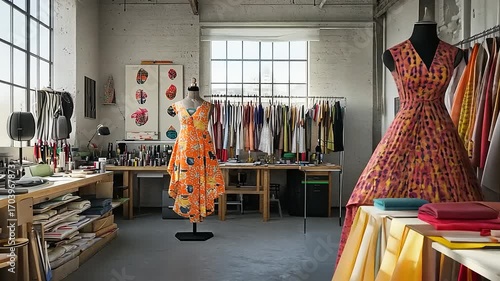 Colorful fashion design studio with vibrant dresses on display and fabric swatches in the background