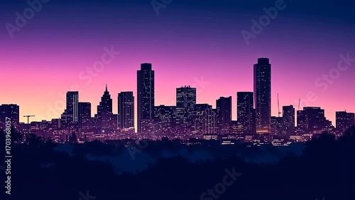 Vibrant city skyline at dusk with colorful gradient sky, showcasing urban architecture and tranquility