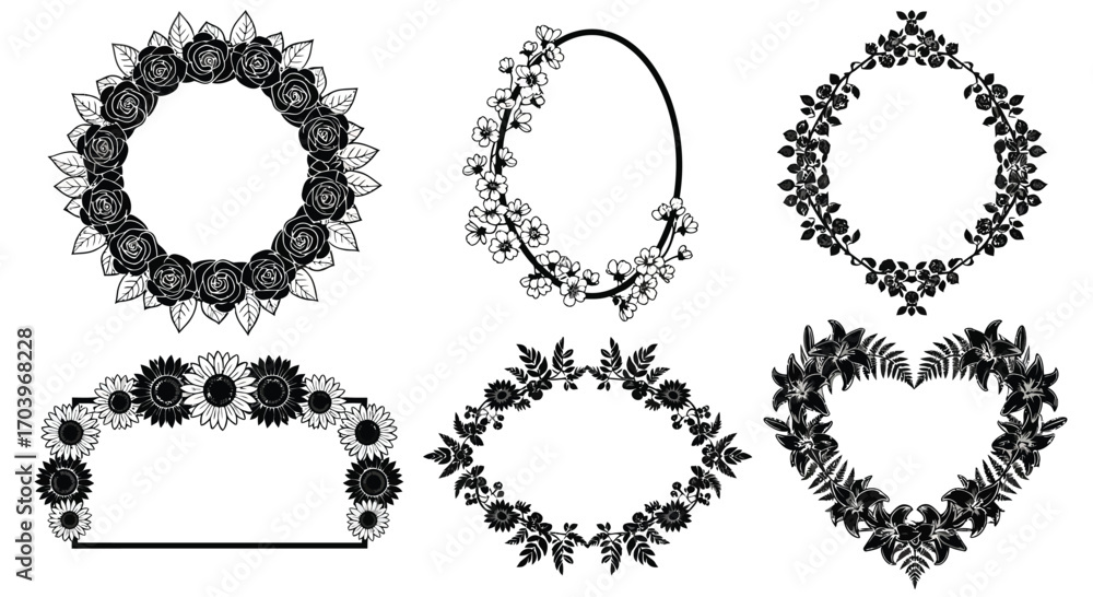 Fototapeta premium Elegant black floral wreath and frame collection for decorative design elements vector