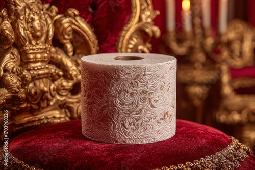 Ornate toilet paper roll with gold embossed design resting on a plush, red velvet chair in a opulent setting, suggesting luxury and extravagance
