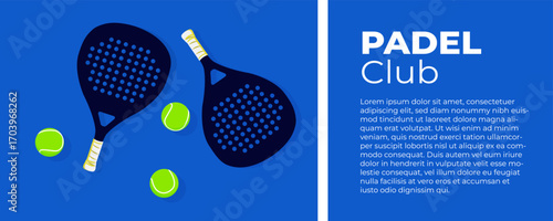 Padel tennis rackets and balls banner promoting padel club