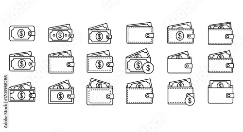 Set of sketchy wallets filled with cash icons representing financial wealth and savings vector