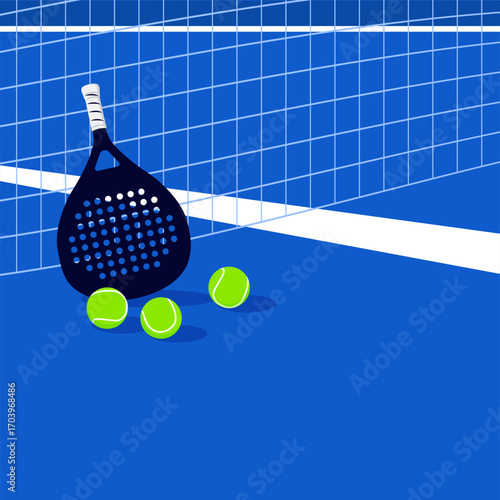 Padel tennis racket and balls lying on padel court