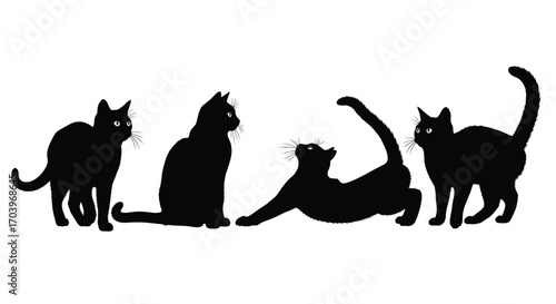 Four black cat silhouettes in dynamic poses demonstrating graceful movement and agility vector