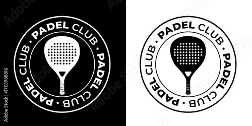 Padel club logo featuring paddle tennis racket in black and white