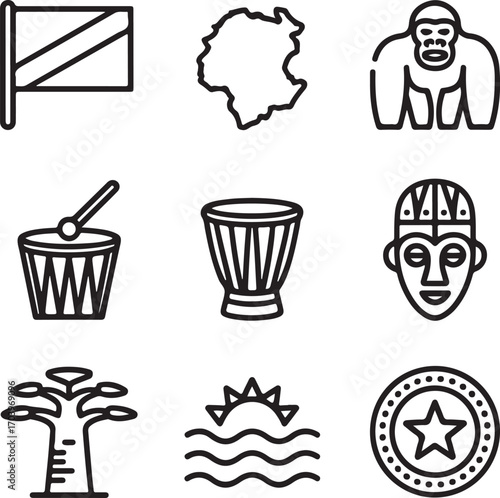 Congo National Symbols Outline Icons Set Flag, Map, Gorilla, Drum, Mask, Baobab Tree, River Waves, and Cultural Heritage Vector Pack