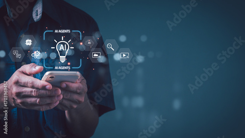 A professional uses a smartphone to access futuristic AI agents with icons for chat, search, and cloud data, representing artificial intelligence, smart business solutions, and digital innovation.