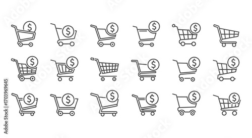Collection of doodle style shopping cart icons with dollar signs for online shopping and commerce vector