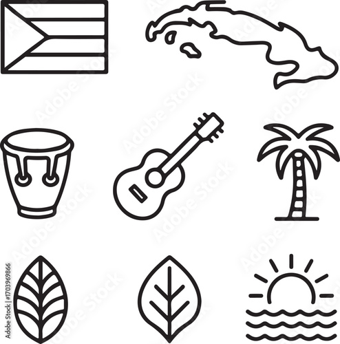 Cuba Identity and Music Vector Icons Collection Flag, Map, Guitar, Drum, Palm, Tobacco Leaf, Waves, and National Culture Line Art