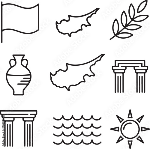 Cyprus Heritage and Culture Vector Icons Collection Flag, Map, Olive Branch, Amphora, Ancient Ruins, Dove, Waves, and National Symbols Line Art