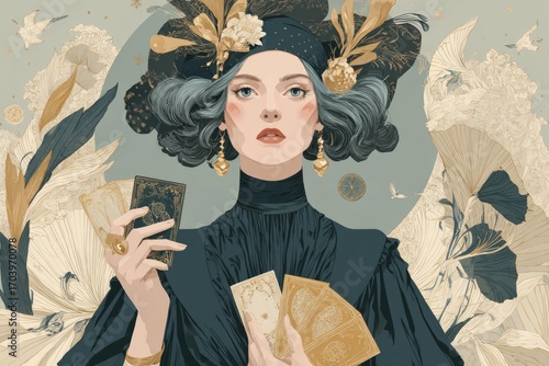 Fortune teller holding tarot cards surrounded by golden flowers and birds, divination and spirituality concept