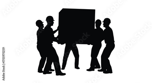 Teamwork silhouette of six people lifting a large heavy object together seamlessly vector