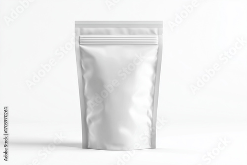 Front view mockup of a plain white stand-up pouch packaging, isolated on white background, perfect for food, snack, coffee, or product branding presentation.Front view mockup of a plain white stand-up