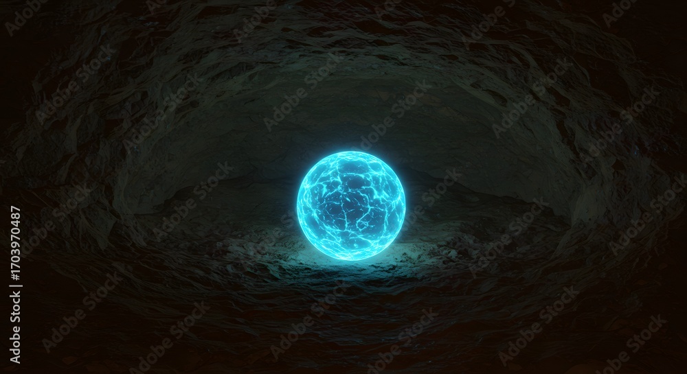 Fototapeta premium A glowing crystal sphere inside a barren cave, symbol of hidden potential.