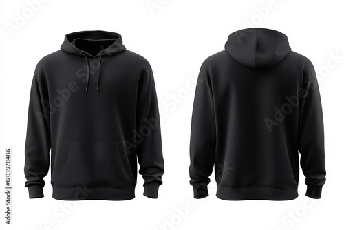 Mockup of a plain black short sleeve t-shirt front and back view, isolated on white studio background, perfect for apparel design and fashion showcase
