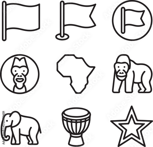 Democratic Republic of the Congo Flag Variations Vector Line Art Collection with Map, Wildlife, Star Emblem, and Cultural Symbols