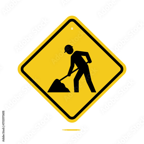Construction Zone Warning Sign – Worker with Shovel Silhouette on Yellow Diamond