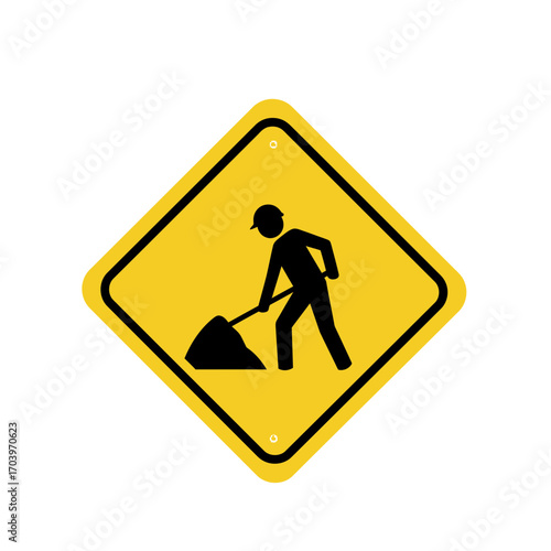 Construction Zone Warning Sign – Worker with Shovel Silhouette on Yellow Diamond