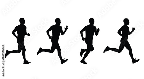 Four silhouetted male runners in mid-stride dynamic motion sequence on white vector