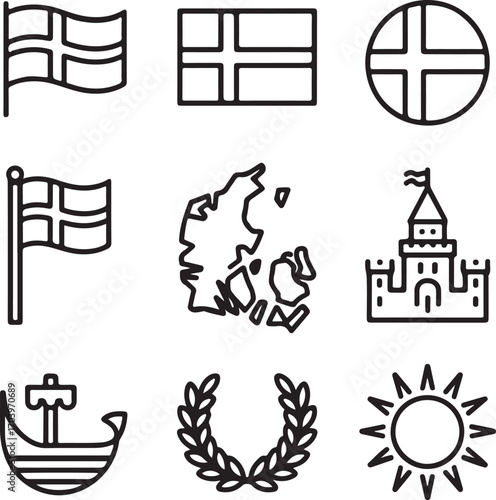 Denmark National Flag Outline Icons Set with Map, Waving Flag, Viking Ship, Castle, and Cultural Symbols