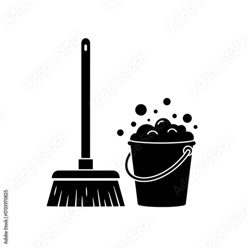 Cleaning Equipment Icon – Mop and Bucket with Soap Bubbles Silhouette
