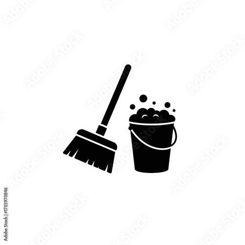 Cleaning Equipment Icon – Mop and Bucket with Soap Bubbles Silhouette