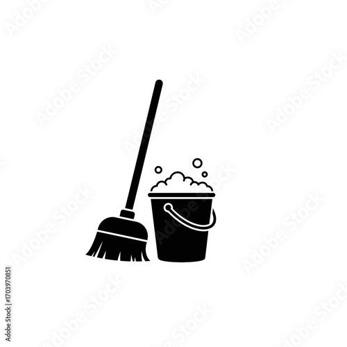 Cleaning Equipment Icon – Mop and Bucket with Soap Bubbles Silhouette