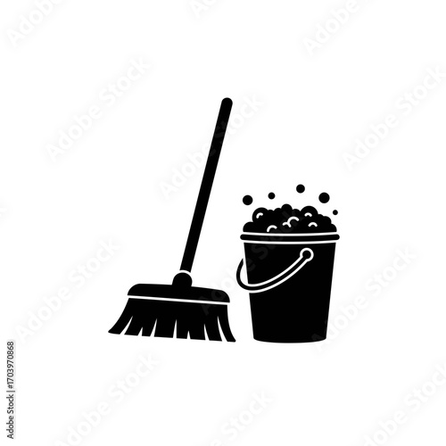 Cleaning Equipment Icon – Mop and Bucket with Soap Bubbles Silhouette
