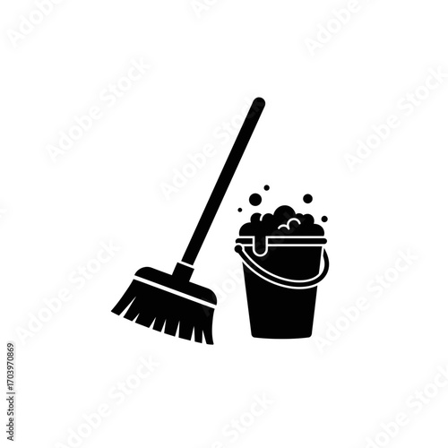 Cleaning Equipment Icon – Mop and Bucket with Soap Bubbles Silhouette