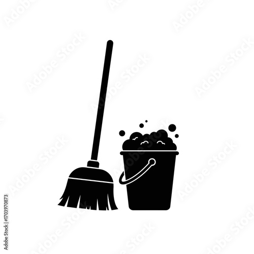 Cleaning Equipment Icon – Mop and Bucket with Soap Bubbles Silhouette