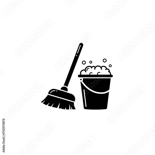 Cleaning Equipment Icon – Mop and Bucket with Soap Bubbles Silhouette