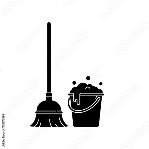 Cleaning Equipment Icon – Mop and Bucket with Soap Bubbles Silhouette