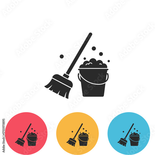 Cleaning Equipment Icon – Mop and Bucket with Soap Bubbles Silhouette