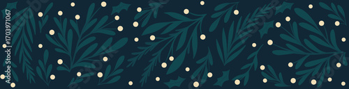 Premium Luxury Christmas Horizontal Banner with Dark Botanical Greenery and White Berries