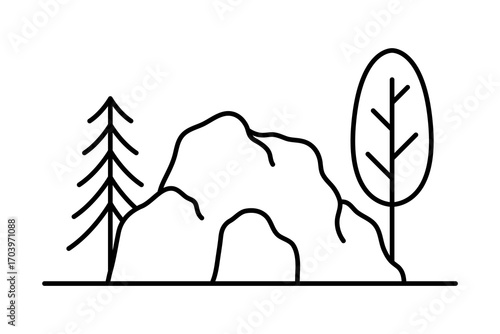 Cave and trees. Black outline linear silhouette. Editable strokes. Front view. Vector simple flat graphic illustration. Isolated object on white background. Isolate.