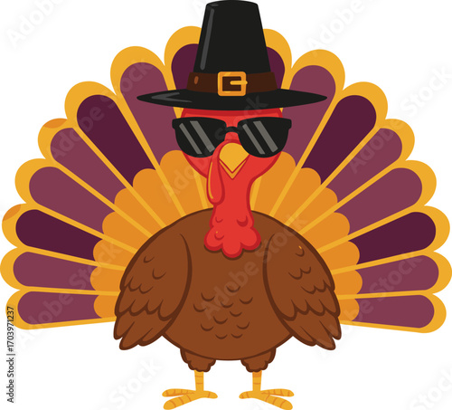 Cool Thanksgiving turkey wearing sunglasses and pilgrim hat with colorful feathers, cartoon bird character for autumn holiday celebration design.