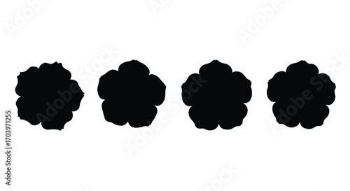 Four black petal silhouettes set against a white backdrop minimalist floral shapes vector