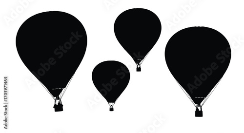 Four black silhouettes of hot air balloons flying together in the sky vector